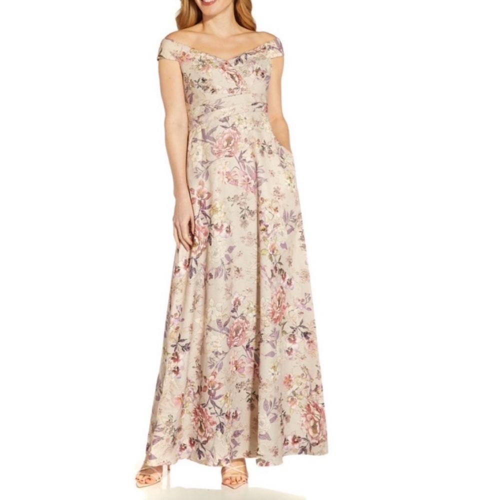 Adrianna Papell Grey Multi Dress Off Shoulder Jacquard BallGown Size 10 NWT